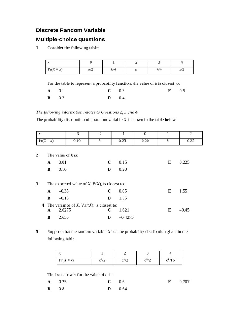 Discrete Random Variable Revision Test | PDF | Probability Distribution ...