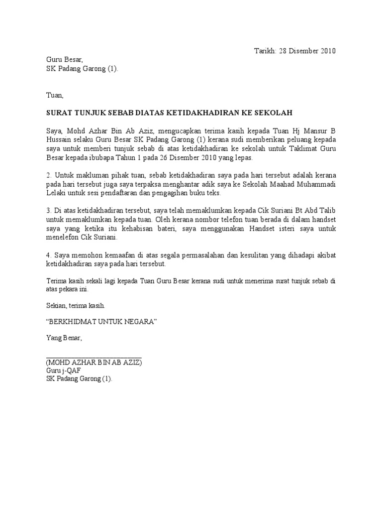 Contoh Surat Tunjuk Sebab Pelajar