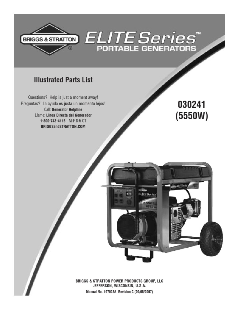 Briggs & Stratton Elite Portable Generator Parts List Model 030241