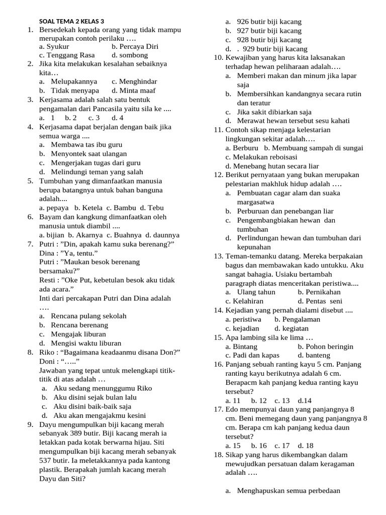 SOAL PAS KLS 3 TEMA 2 Semester 1 - WEBSITEEDUKASI | PDF