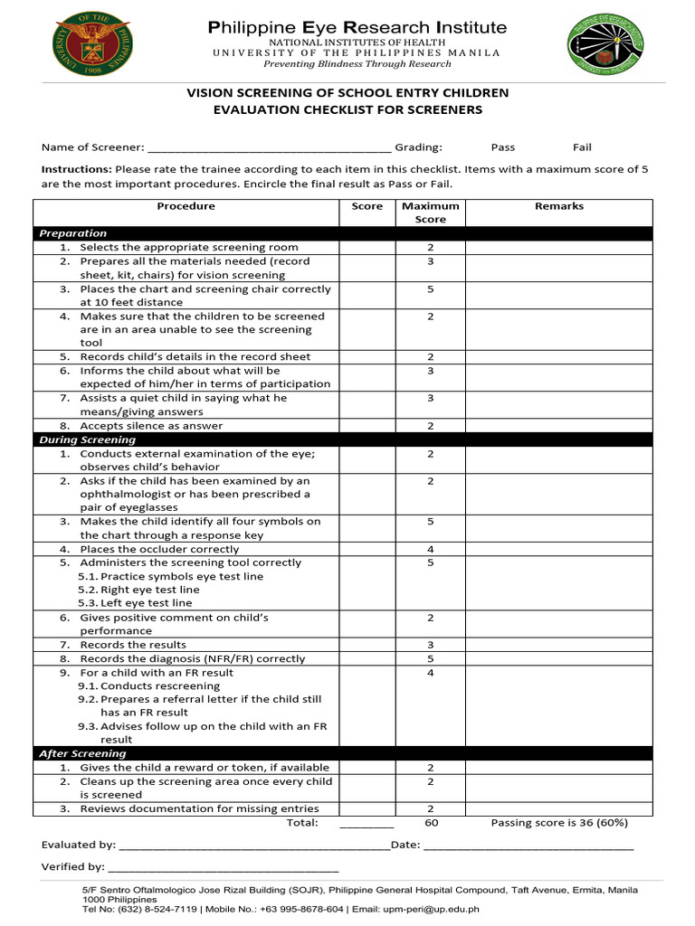 Vision Screening Evaluation Checklist | PDF