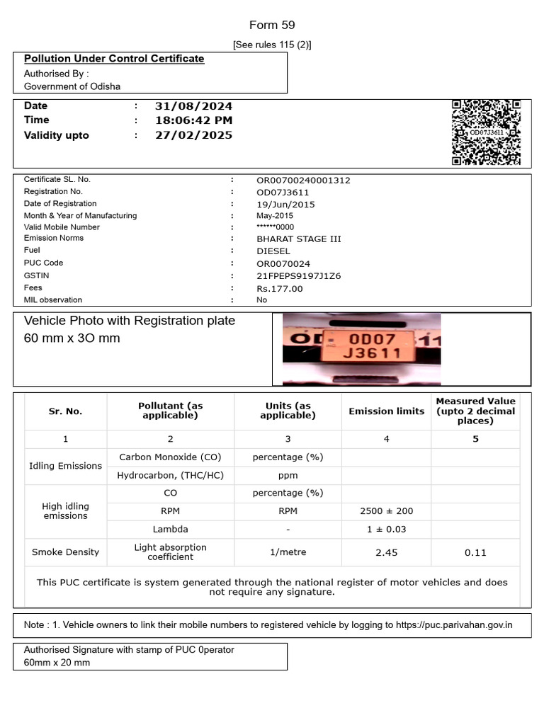 Vehicle Photo With Registration Plate 60 MM X 3O MM: Form 59 | PDF