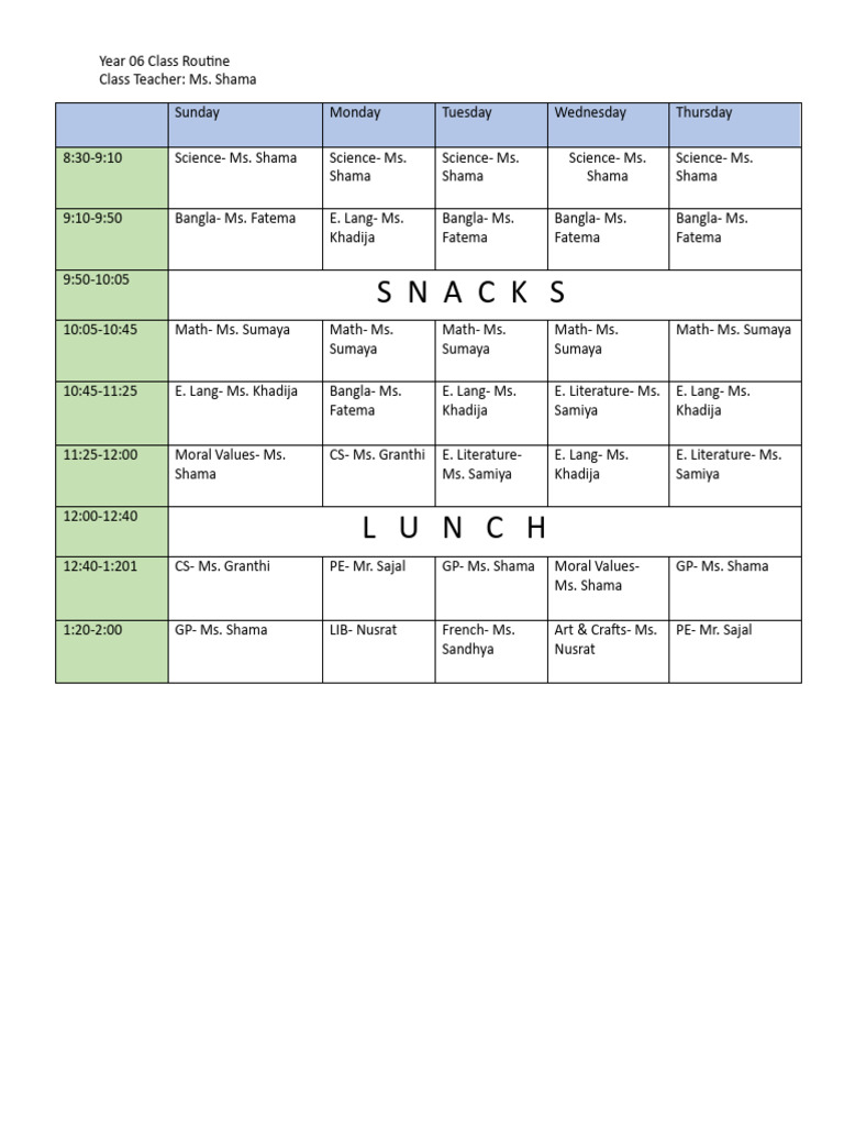 Year 6 Class Routine 24-25 | PDF