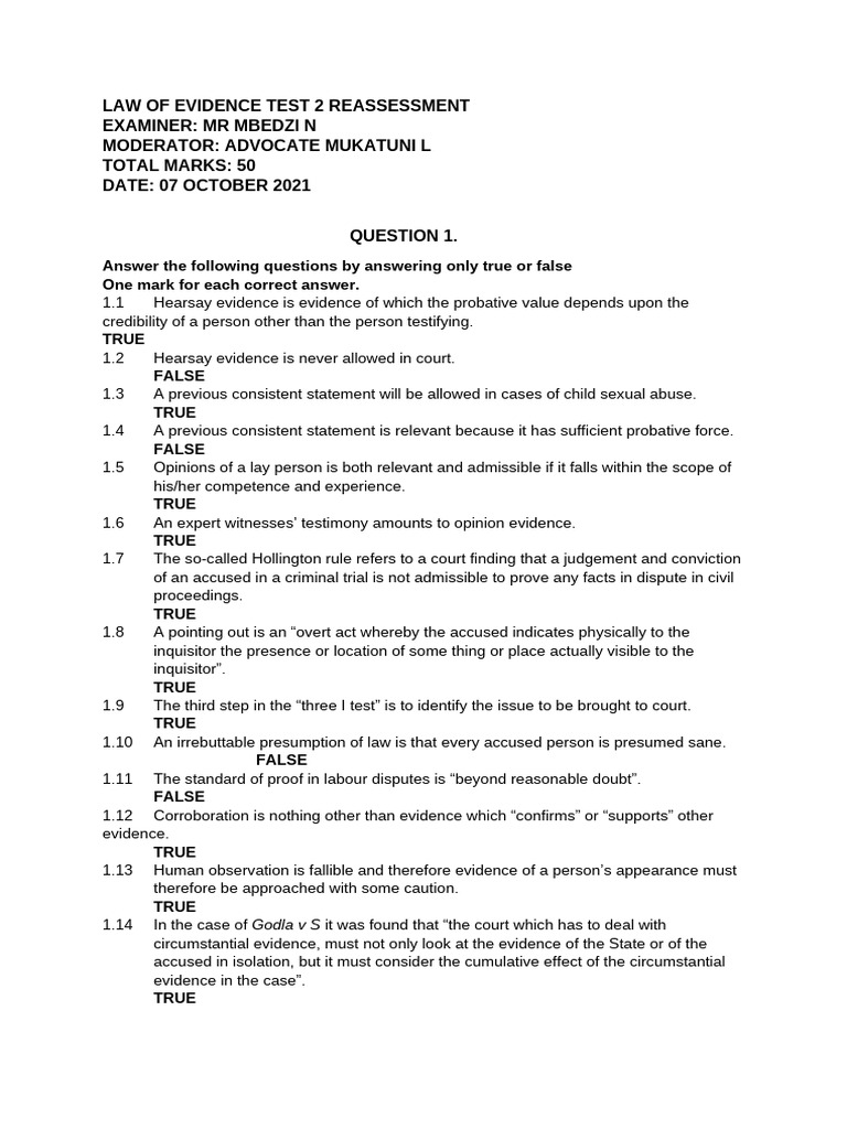 Law of Evidence Test 2 Reassessment | PDF | Burden Of Proof (Law ...