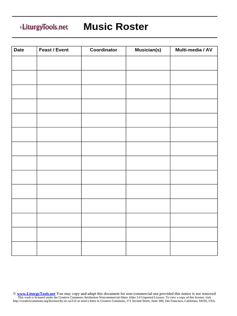 Blank Church Musician Roster Rota Planner | PDF