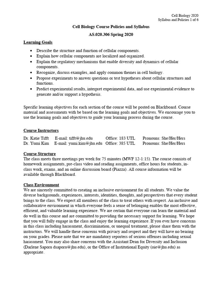 2020 Cell Biology Syllabus and Course Policies | PDF