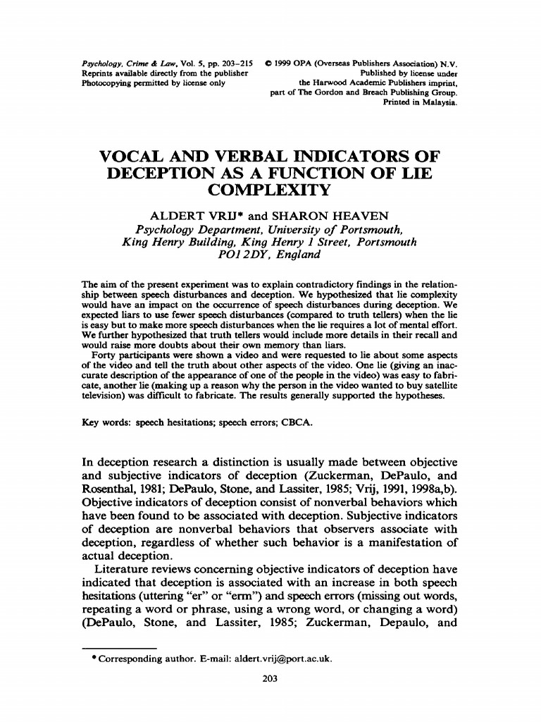 Vocal and Verbal Indicators of Deception As A Funtion of Lie Complexity ...