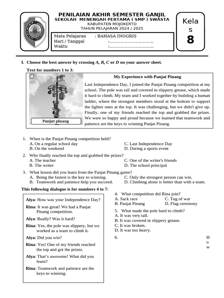 Soal Bahasa Inggris Kelas 8 Semester Ganjil 2024 2025 Pdf