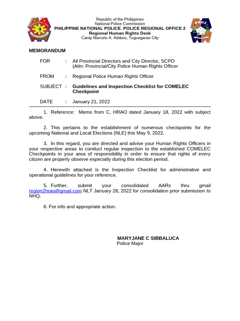 Memo To Ppo Re Guideline and Inspection Checlist For Comelec Checkpoint ...