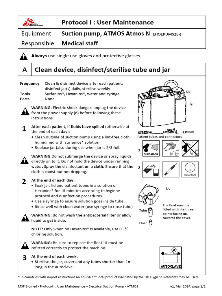 Protocol I User Maintenance - Electrical Suction Pump ATMOS - OCP | PDF