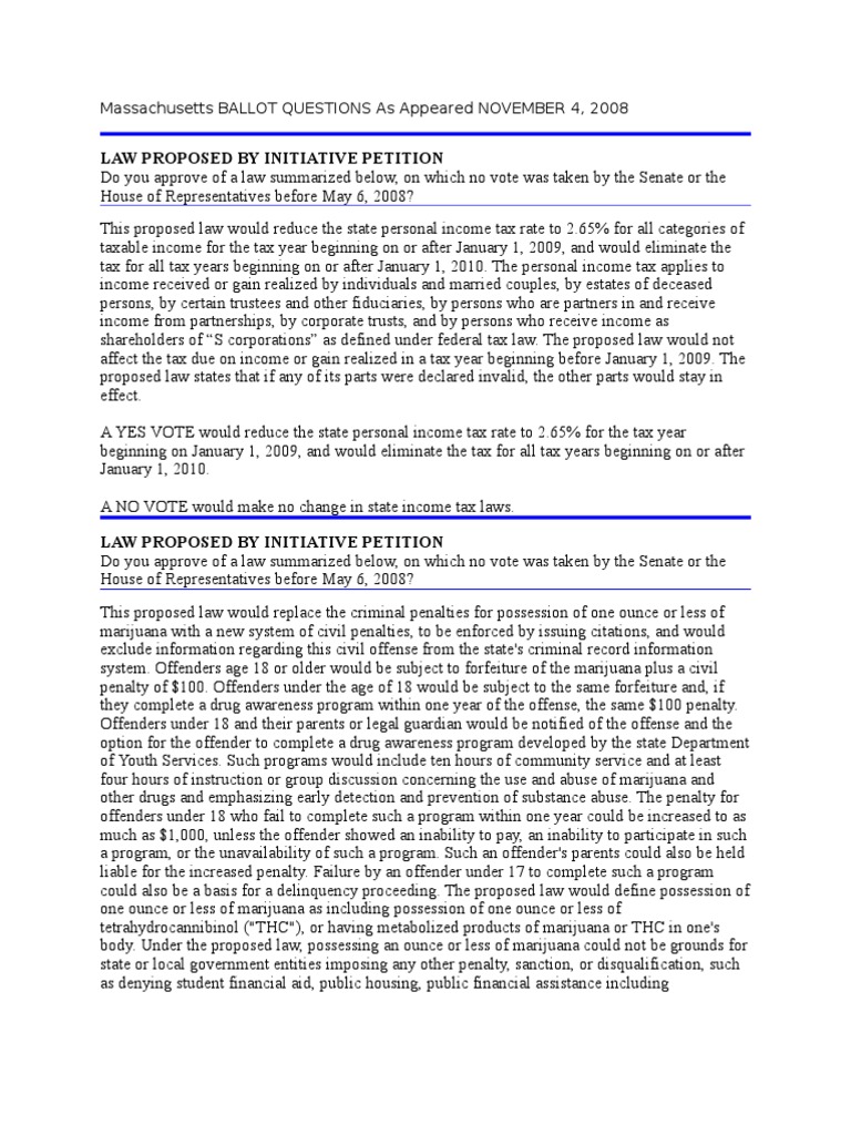 Massachusetts 2008 Ballot Questions Summary | PDF | Crime & Violence ...