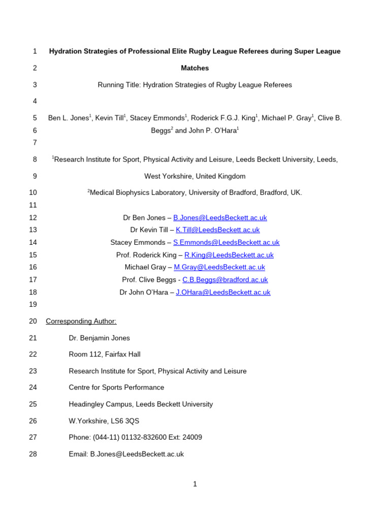 Jones Et Al.%2c Hydration Strategies of Professional Elite Rugby League ...