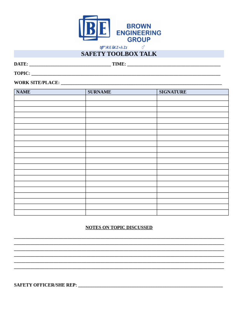 Toolbox Talk Sign Off Sheet Template
