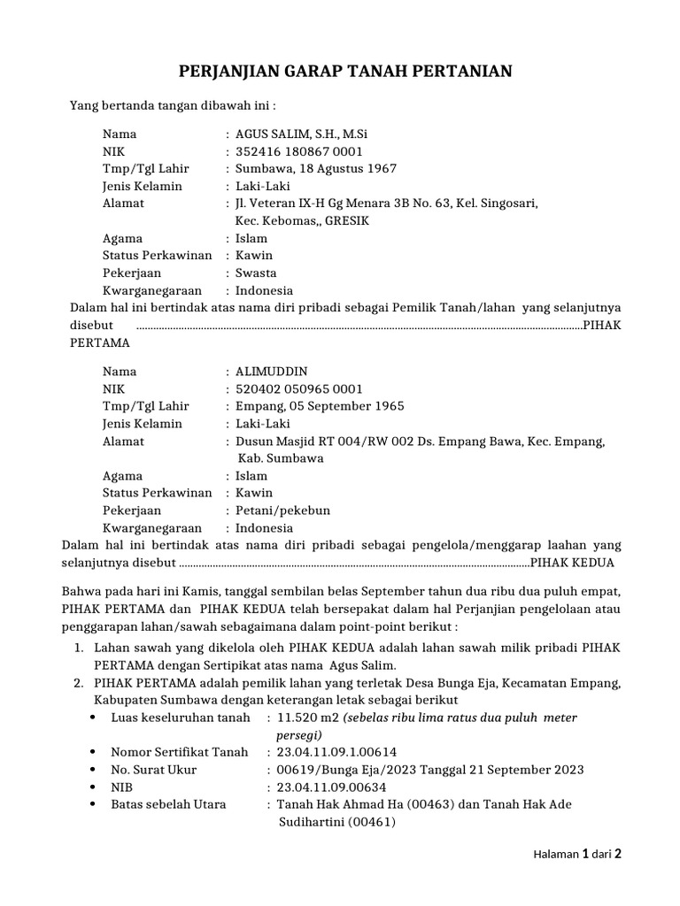 Perjanjian Garap Sawah | PDF