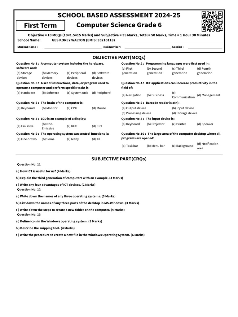 Grade 6 Computer Science Quiz | PDF | Input/Output | Computer Hardware