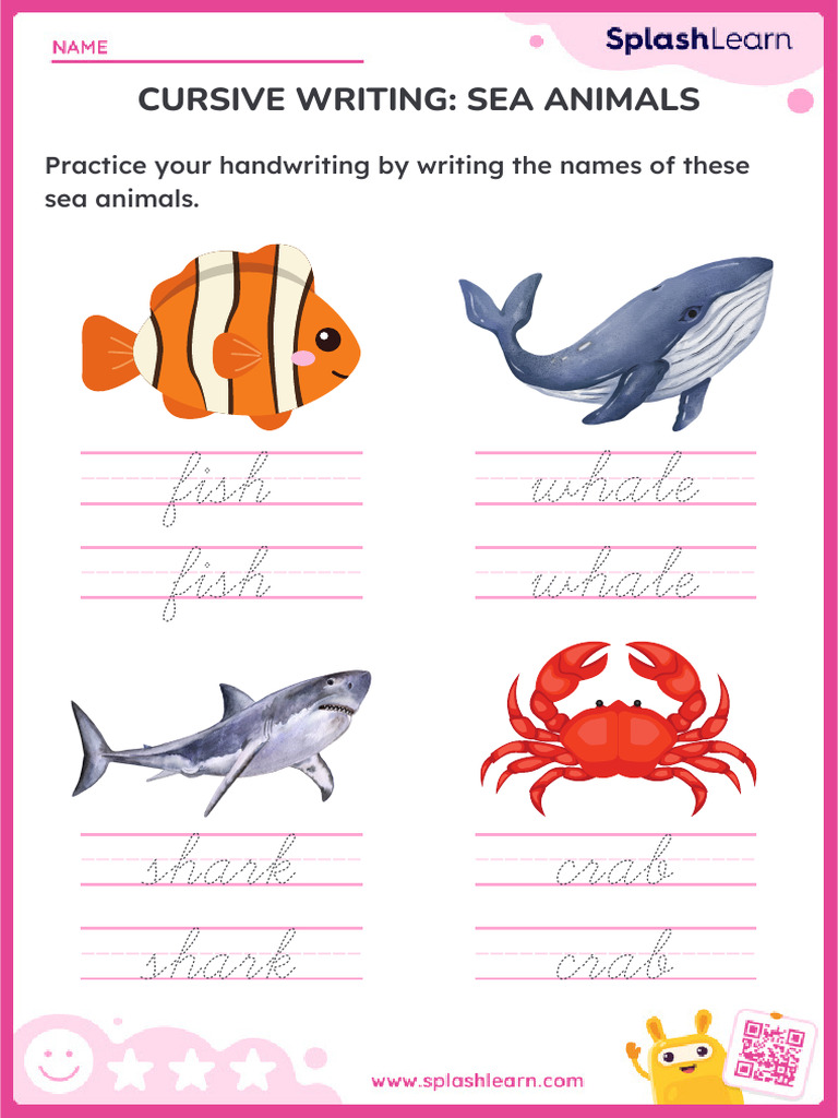 Cursive Writing - Sea Animals Worksheet | PDF