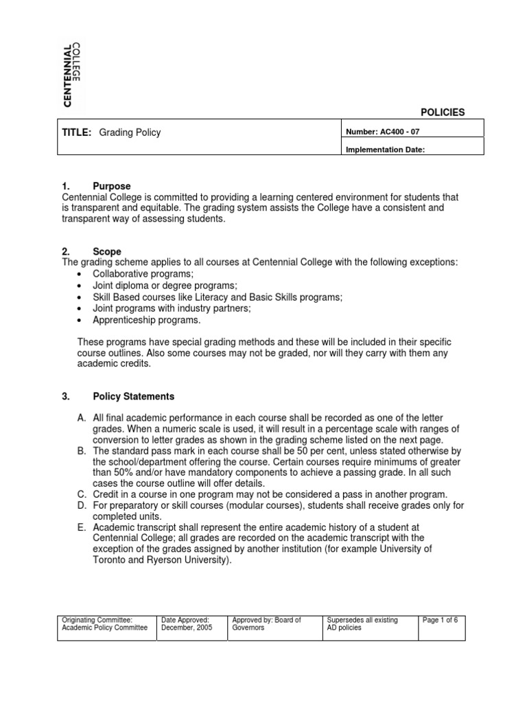 Centennial College Grading Policy | PDF | Course Credit | Students