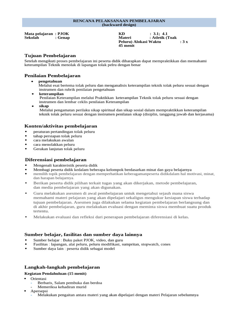 RPP Untuk PKG PJOK - Backward Design-1 | PDF