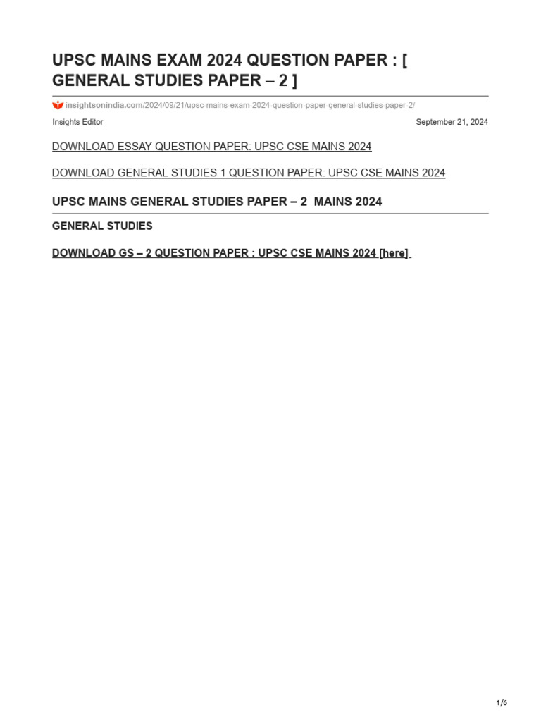 Upsc Mains Exam 2024 Question Paper General Studies Paper 2 | PDF