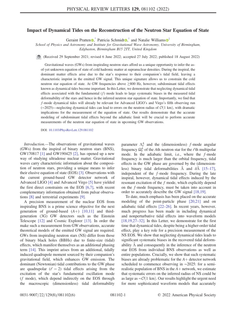 Pratten Impact Dynamical Tides On Reconstruction of NS EOS 2022 | PDF