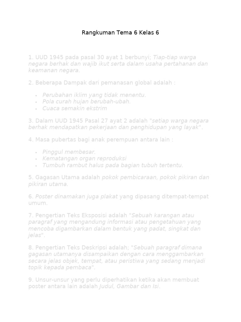 Rangkuman Tema 6 Kelas 6 Pdf