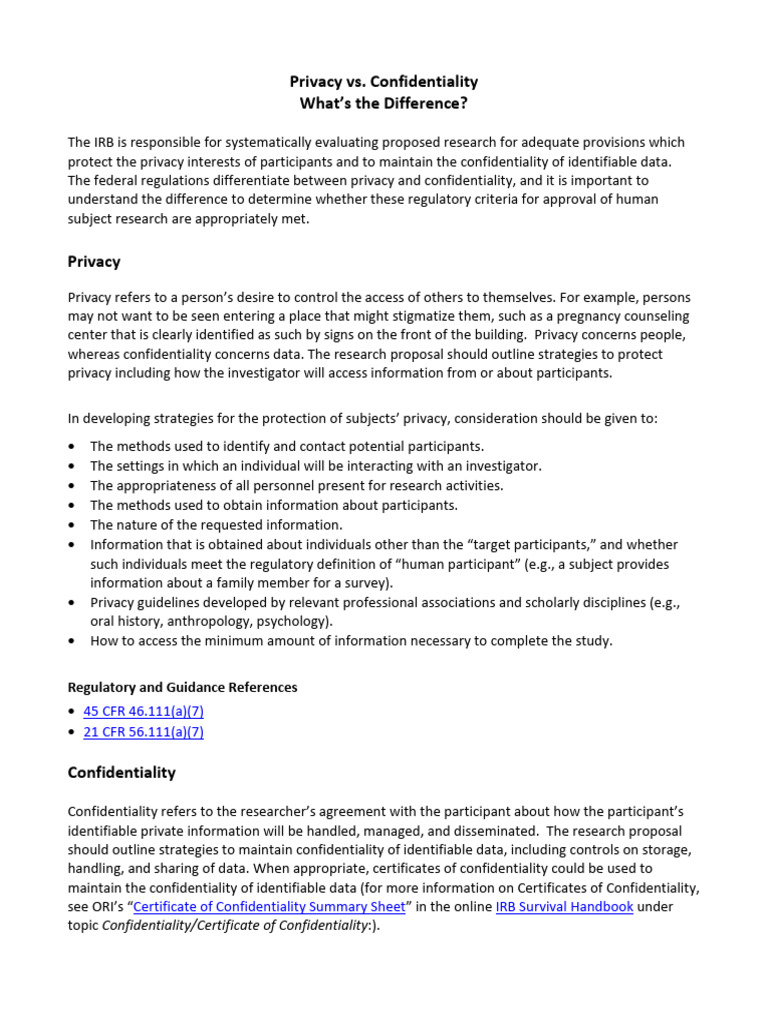 Privacy vs. Confidentiality in Research | PDF | Institutional Review ...