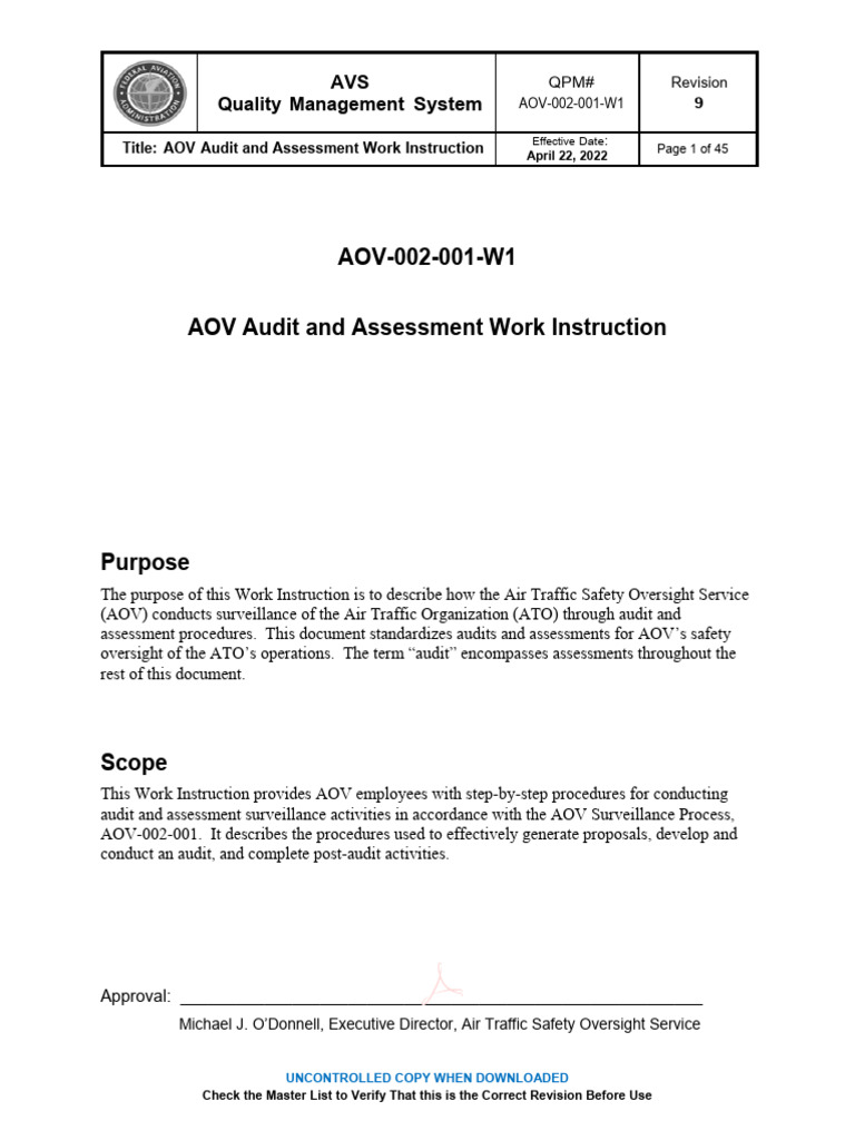 Day 2 AOV Audit and Assessment Work Instruction | PDF | Audit | Auditor ...