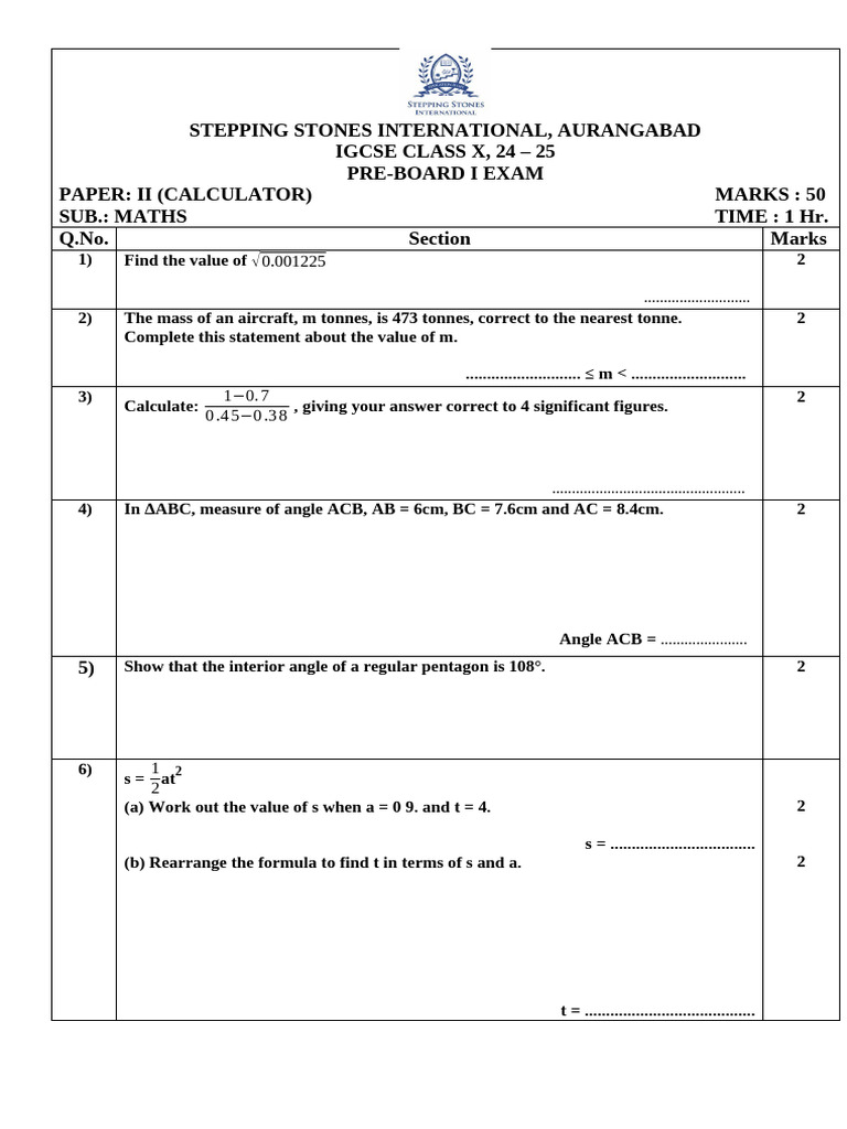 Igcse X Maths Paper II Pre-Board I Exam 24-25 | PDF