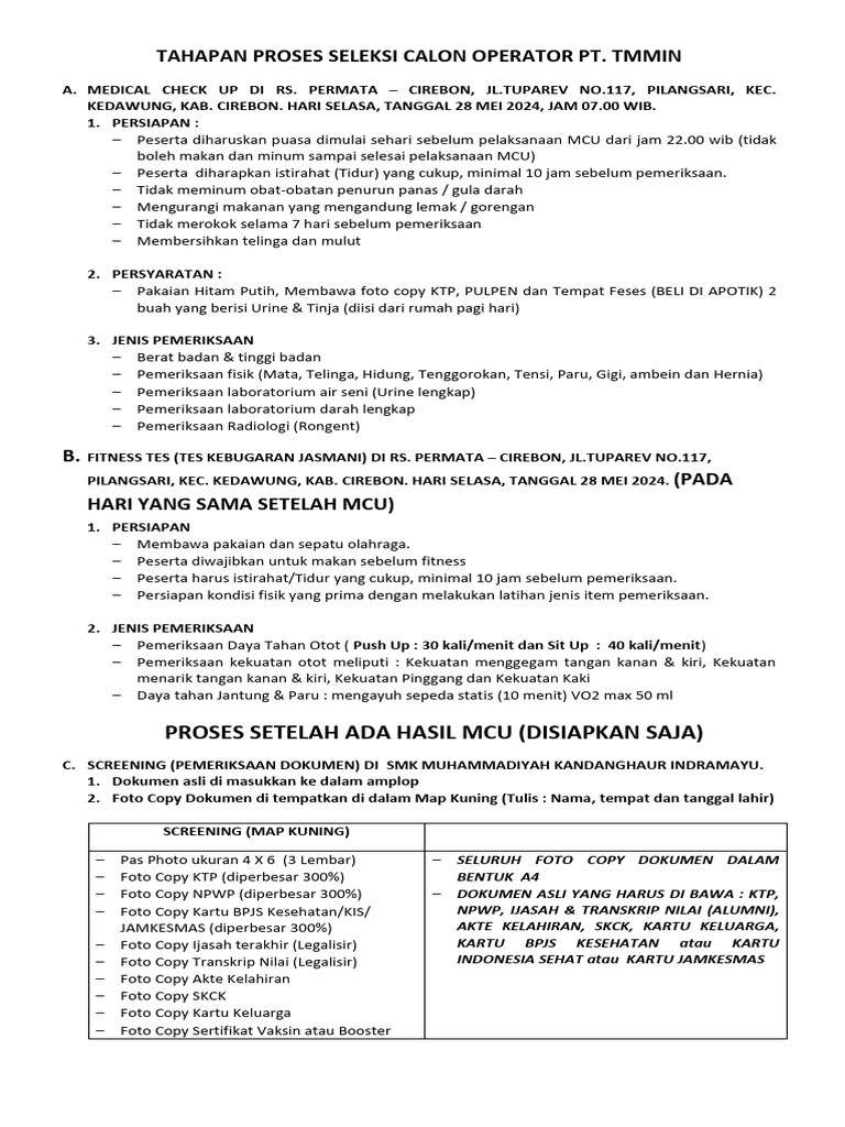 TAHAPAN PROSES SELEKSI CALON OPERATOR PT TMMIN_INDRAMAYU_280524 | PDF