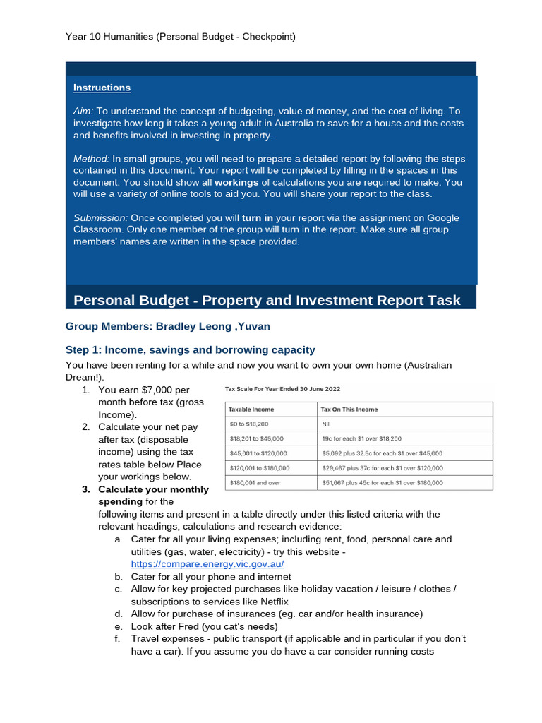Bradley Leong Personal Budget - Property and Investment Report Task