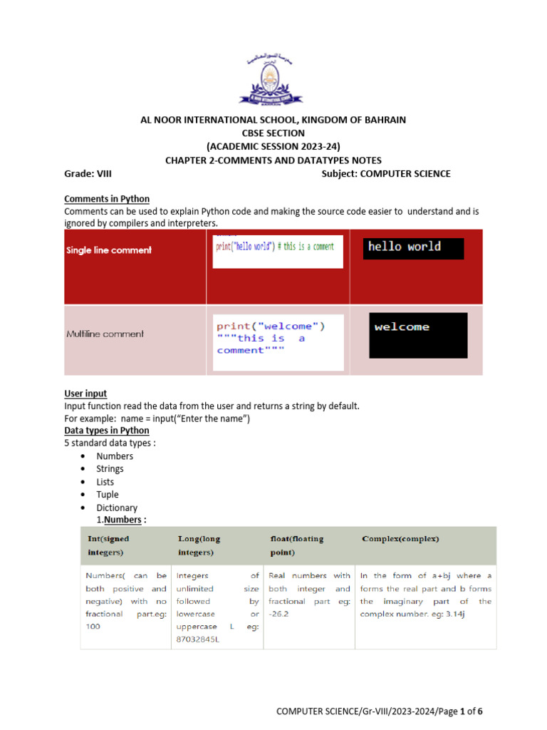Chapter 2 Comments And Datatypes Notes Pdf