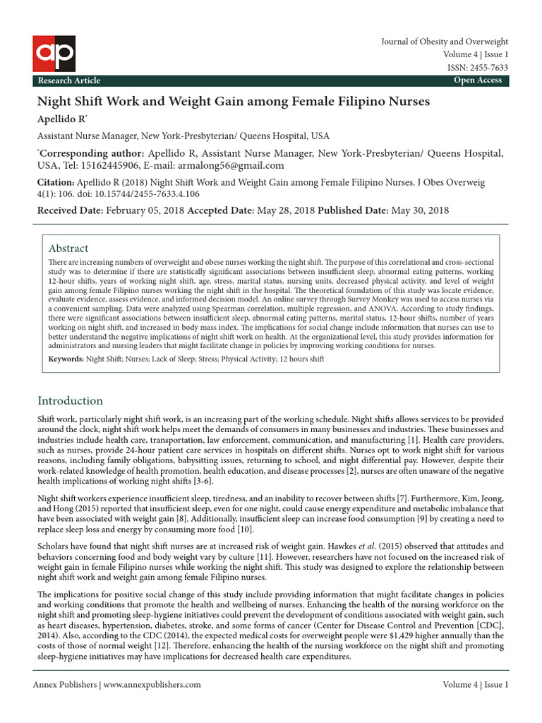 Night Shift Work and Weight Gain Among Female Filipino Nurses | PDF ...