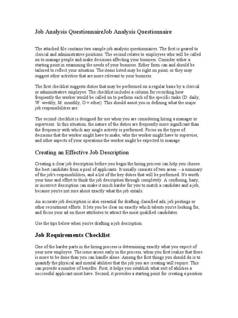 Job Analysis Questionnaire Samples | PDF | Recruitment | Performance ...