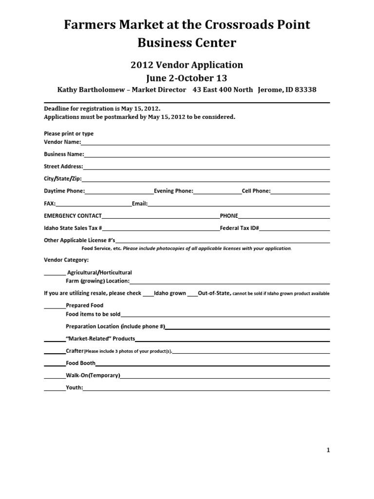 2012 Farmers Market Vendor Application | PDF | Farmers' Market | Vegetables