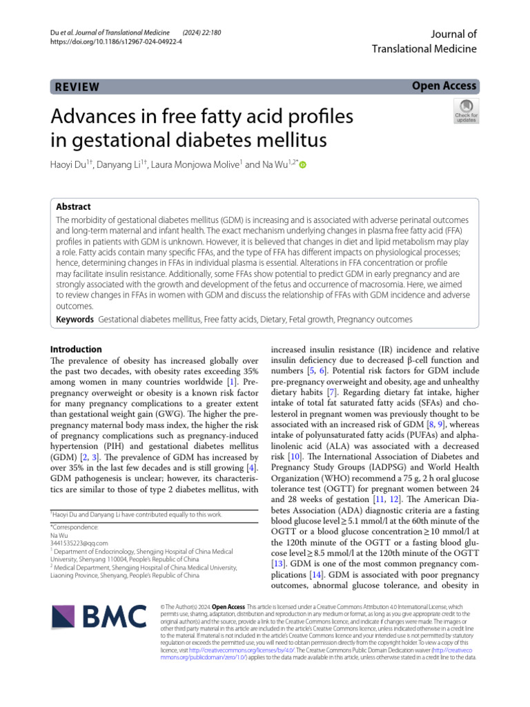 Advances in Free Fatty Acid Profiles in Gestational Diabetes Mellitus | PDF