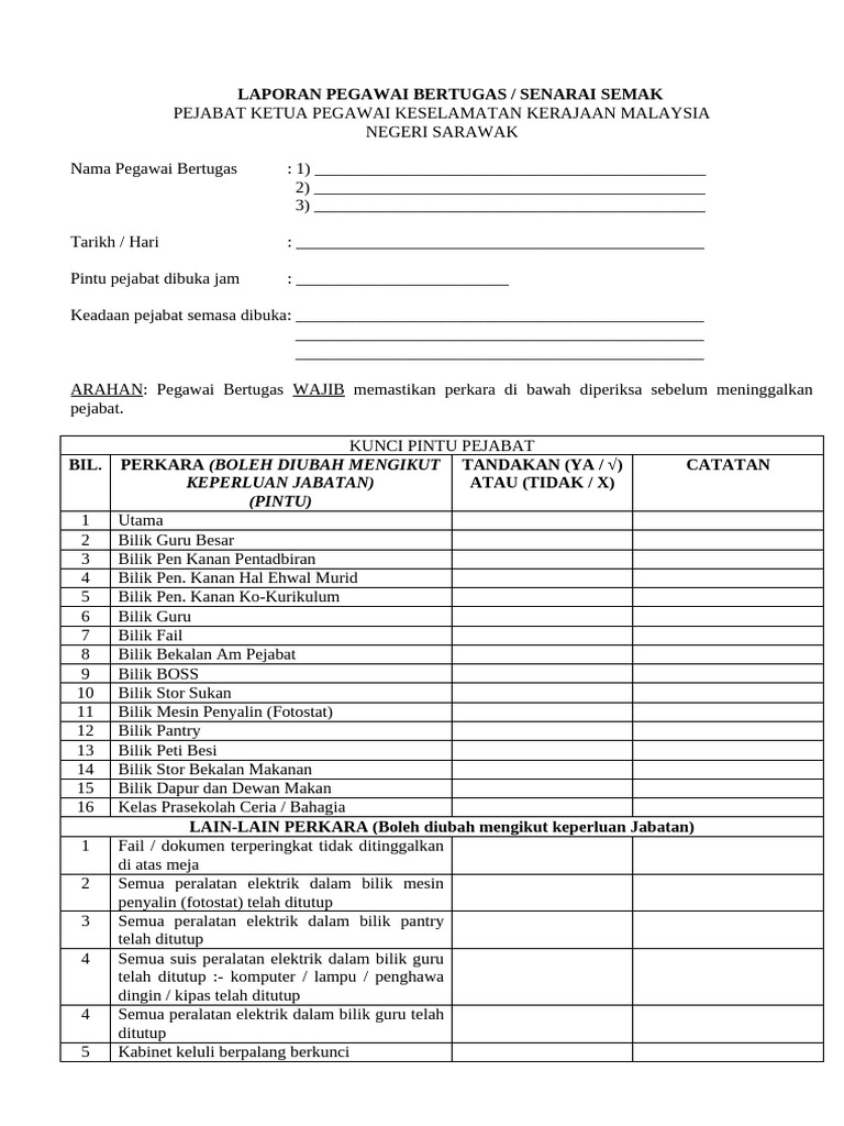 Borang Laporan Pegawai Bertugas Keselamatan Dan Perlindungan Pdf