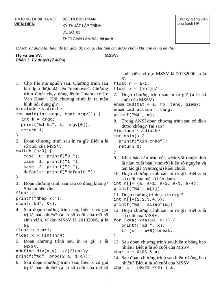 Đề Thi Kỹ Thuật Lập Trình ĐHBK Hà Nội | PDF | Computer Programming ...