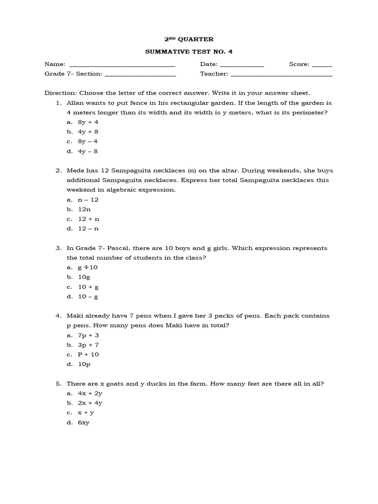 2ND QUARTER SUMMATIVE TEST No.4 Math7 | PDF