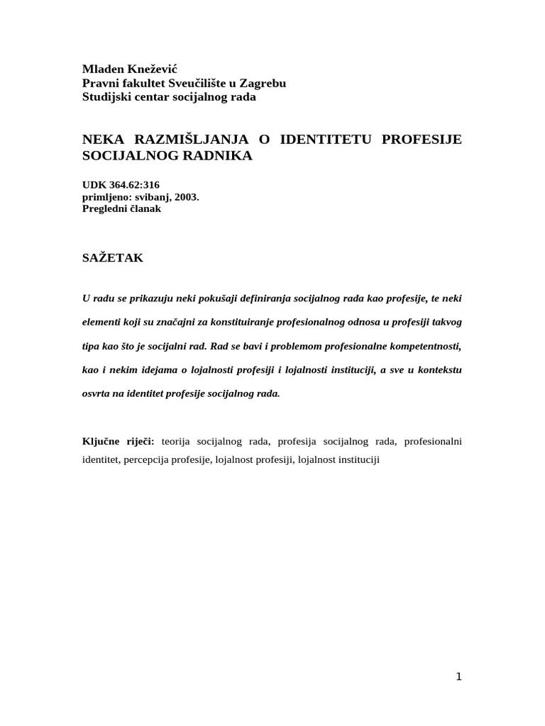 Razmišljanja o Identitetu Profesije Socijalnog Rada | PDF