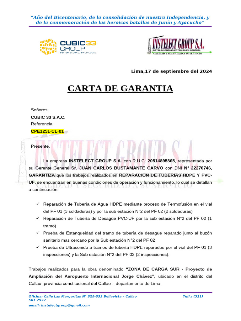 CARTA - DE - GARANTIA - Reparacion de Tuberias HDPE y PVC UF | PDF