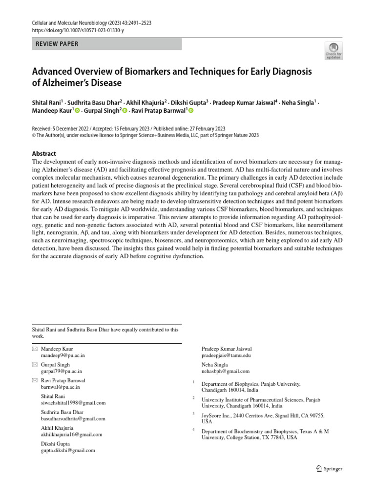 Advanced Overview of Biomarkers and Techniques For Early Diagnosis of ...