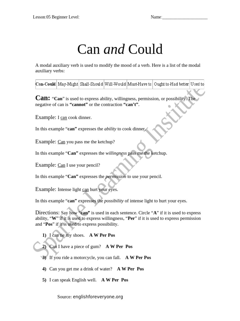 Lesson05 Modal Auxiliary Verbs Can And Could Pdf