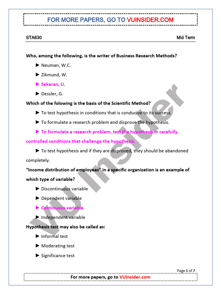 STA630 Mid Term Past Paper 3 | PDF