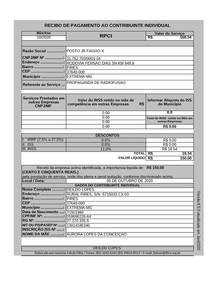 Rpci - Recibo Pagamento Contribuinte Individual | PDF