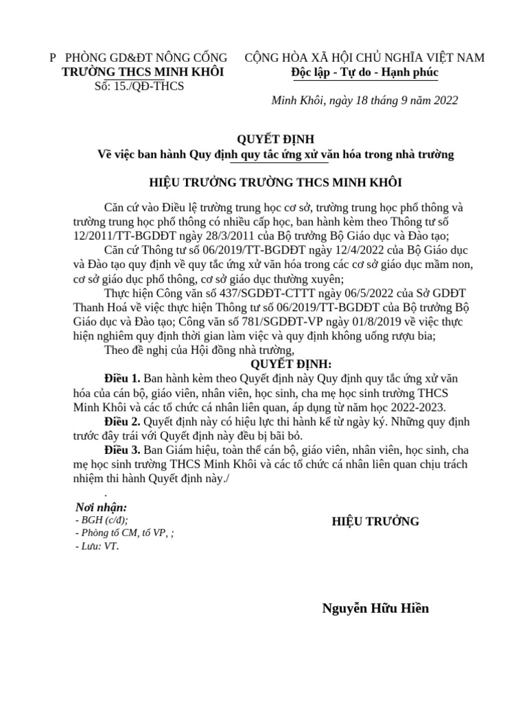 Quyet dinh va quy tac ung xu trong nha truong doi voi cbgvnv nam
