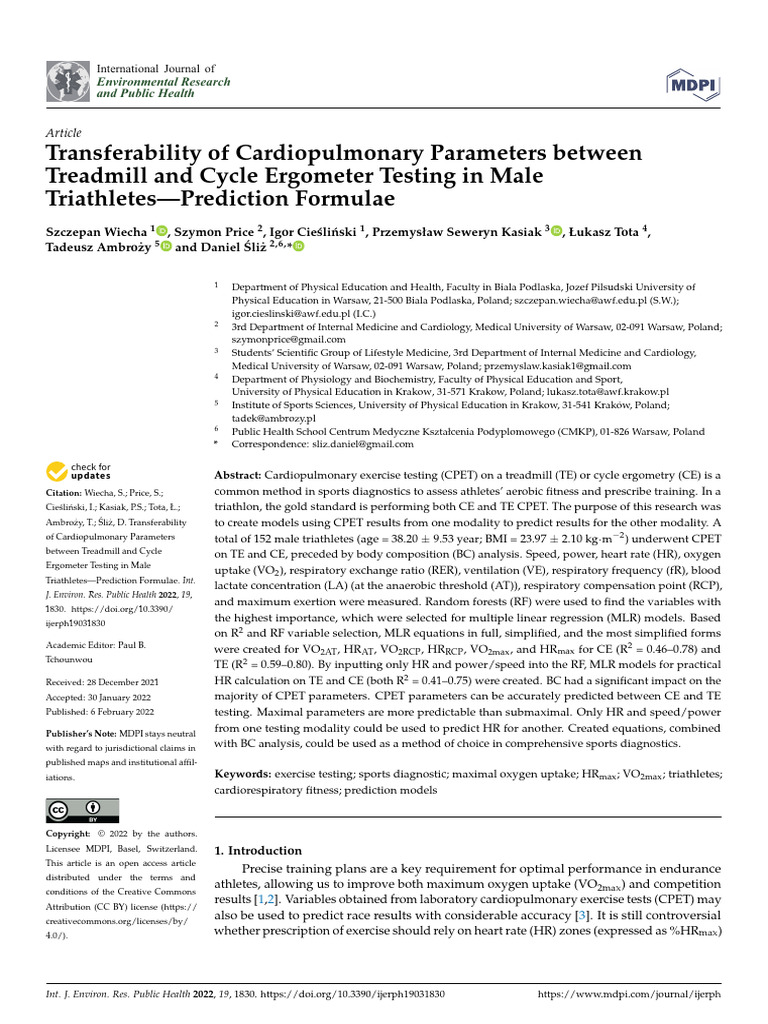 Transferability of cardiopulmonary parameters between treadmill and