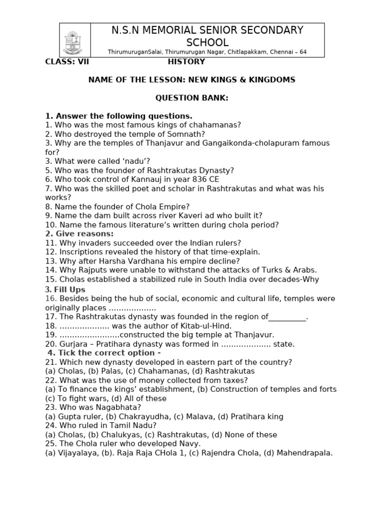 Question Bank-New Kings and Kingdoms-Vii STD | PDF