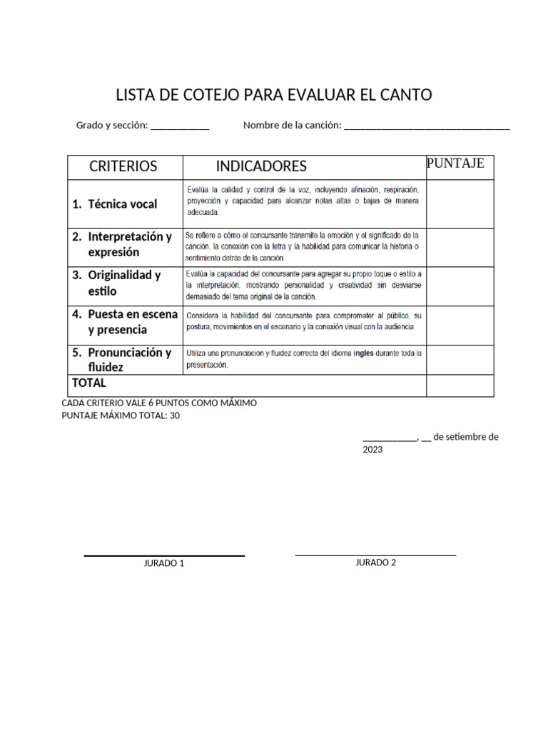 Lista de cotejo para evaluar el canto | PDF