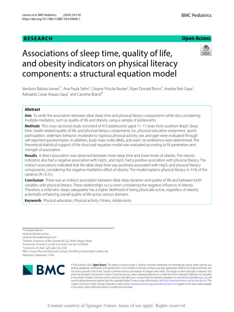 Associations of Sleep Time Quality of Life and Obe | PDF