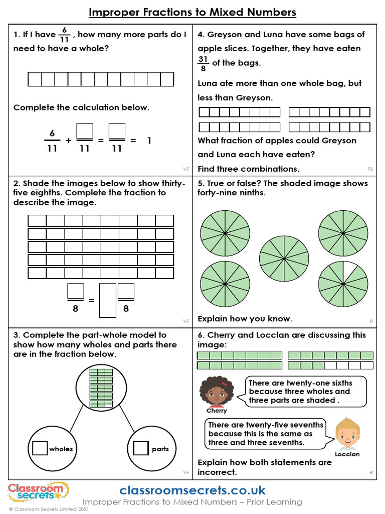 Year 5 Improper Fractions To Mixed Numbers Maths Recovery Prior ...